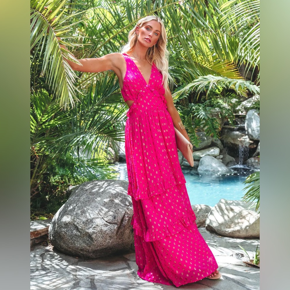 Pink tiered shimmer metallic dress